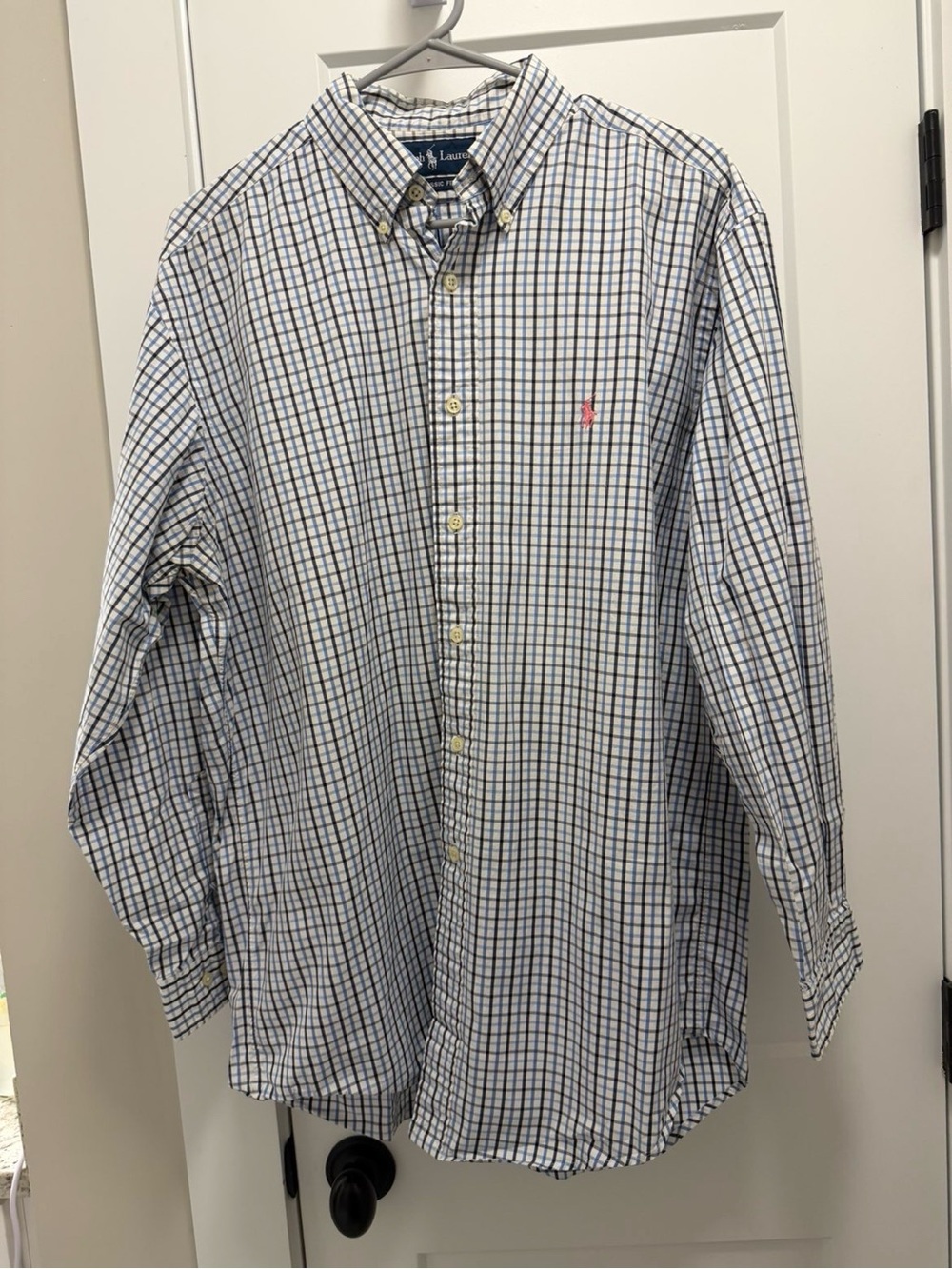 Ralph Lauren White Button-Down Shirt with Blue & Black Windowpane